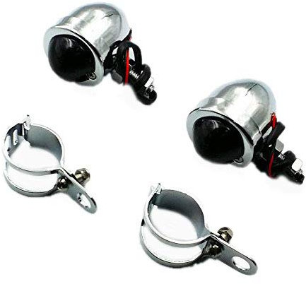 Motorrad Bullet Blinker Leuchtanzeige + Gabel Schellen Relocater Halter CB Cafe Racer Vintage Retro Benutzerdefinierte Old School Cruiser Chopper Bobber (Chrom / Rauch)