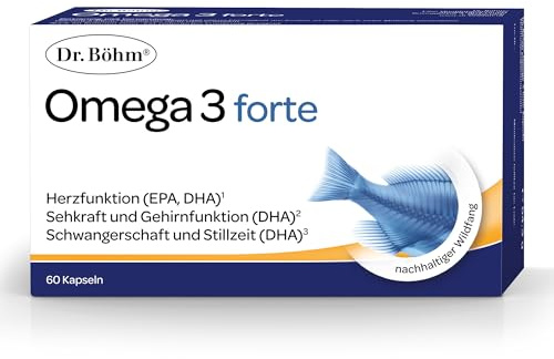 Dr. Böhm Omega 3 forte: Für Herz, Gehirn und Sehkraft der Augen, mit Omega-3-Fettsäuren (hochdosiert), Omega-9-Fettsäuren & Vitamin E, 60 Kapseln | Mit EPA und DHA aus Fischöl, plus Omega 3 und Omega 9 Fettsäuren, Leinsamenöl, glutenfrei, laktosefrei, gut verträglich