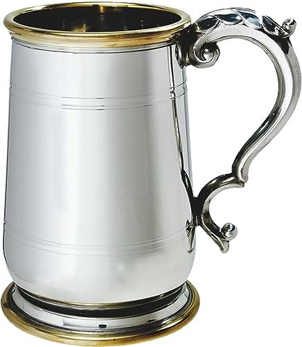 I LUV LTD Étain Chope 1 Pinte Jacobéen avec Détails en Laiton Style Hallam Pur Lourd Jauge Bière Chope Possibilité de Gravure Cadeaux Personnalisés pour Hommes et Femmes
