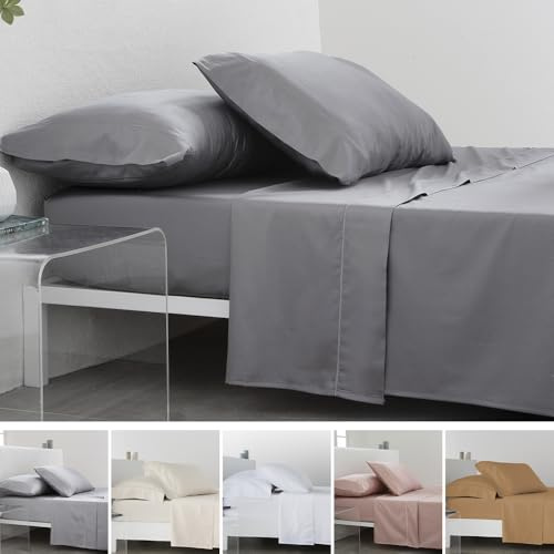 COTTON ARTean Juego de sábanas 180x190/200 Saten algodón Egipcio 300 Hilos LEUNA gris 4 piezas: Encimera, 2 Fundas de Almohada, Bajera Ajustable