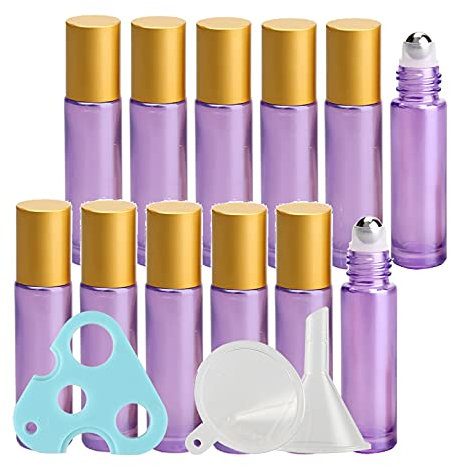 TIANZD 24 Stück Leere 10ml Lila Glas Roller Flaschen mit Gold Alu Schraubverschluss, Roll-On Glasflaschen mit Glasroller für Ätherische Öle Essential Oil mit Trichter Öffner