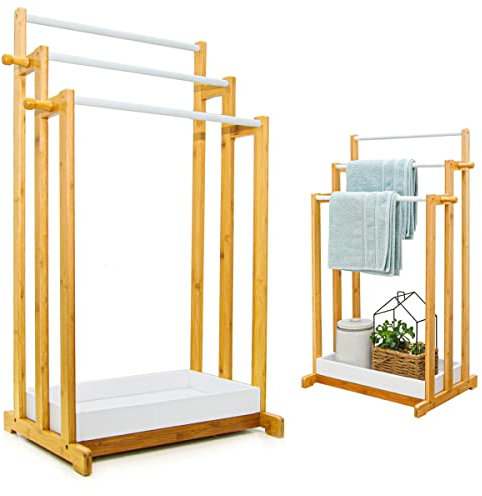 DuneDesign Sustainable Bamboo Towel Rack - 45x35x84 Free Standing Clothes Rail Wooden Towel Stand