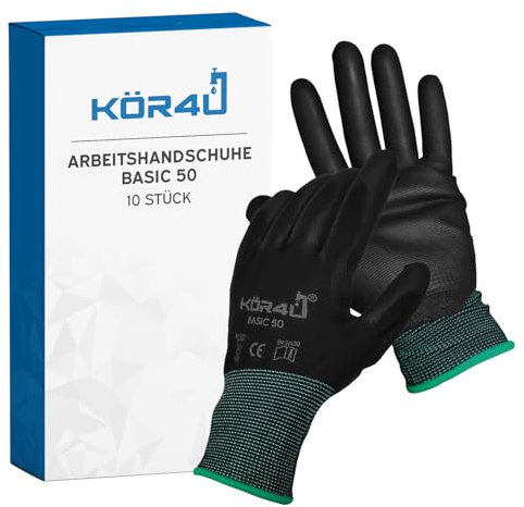 kör4u 10 paia di guanti da lavoro Basic, traspiranti e rivestiti, adatti come guanti protettivi, guanti da giardinaggio da donna e meccanici, con rivestimento in PU di alta qualità, sottili e leggeri