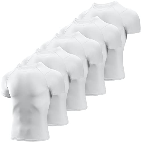 Niksa Men's Compression Shirts 3/5 Pack, Short Sleeve Athletic Compression Tops Cool Dry Workout T Shirt White