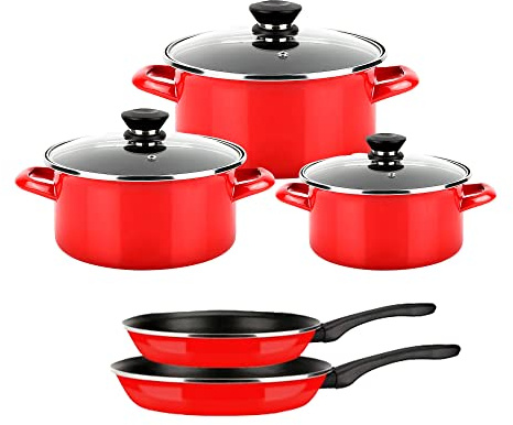 Fagor Optimax Batería Cocina Inducción 8 Piezas Set 3 Cazuelas 18-20-24 cm, 3 Tapas Cristal, 2 Sartenes 20-24 cm Acero Esmaltado, Antiadherente sin PFOA, Vitrocerámica, Gas, Horno, Rojo