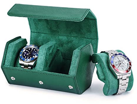 Hiram Uhren-Reiseetui, echtes Leder, sechseckig, 2 Uhrenrollen, Aufbewahrungsbox, schützender Organizer für Armbanduhren (grün)
