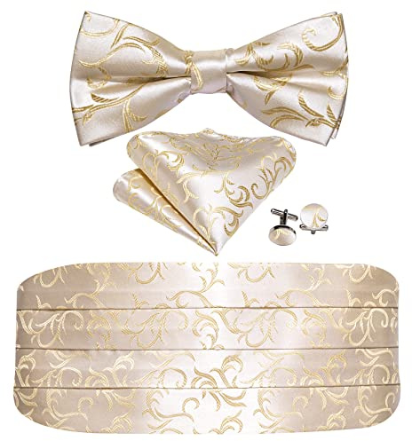 Barry.Wang Cummerbund fluga set för män, silke Cummerbund förbunden fluga ficka fyrkantiga manschettknappar, Beige vit, en storlek
