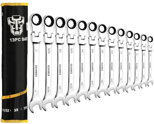 DEKOPRO 13-piece Flex-Head Ratcheting Combination Wrench Set，SAE 5/16-1， 72-Teeth，Cr-V Constructed，Ratcheting Spanner Wrench with Carrying Bag