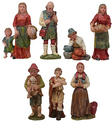 Pastori per Presepe 10 cm 7 Personaggi Statuine in Resina con Benino