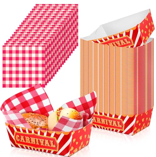 Funrous 100 Pcs Carnival Party Supplies 1.1 lb 50 Food Trays Boats with 50 Grease Waxed Deli Paper Carnival Nacho Trays Popcorn Hot Dog Basket Food Holder for Birthday Decoration Assembled