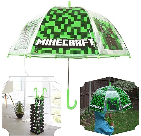 SRV Hub Minecraft Kids Transparent Umbrella, 75cm PVC Dome, Windproof, Lightweight, Waterproof for Boys & Girls 3-7 Years, Durable J Handle, Rain & Sun Protection