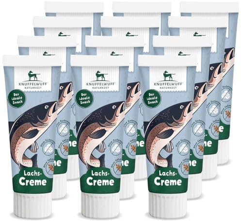 Knuffelwuff Tuben Snack Lot de 12 friandises pour chien Crème de saumon – avec beaucoup de poisson frais – Sans conservateur, sans sucre ni céréales ajoutés – Idéal également pour les chiots –