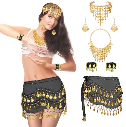 5 stycken magdans kostym damer magdans bälte chiffong höftduk med mynt örhänge armband och halsband set Belly Dance outfit, svart, En Storlek