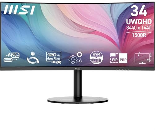 MSI Modern MD342CQP Monitor Curvo de 34'' UWQHD 1500R - Panel VA 3440 x 1440, KVM, Pip/PBP, Amplia, Altavoces Integrados, Ajustable en 3 direcciones - HDMI 2.0b, DisplayPort (1.4a)