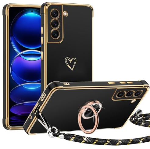 TUUTPU Handyband für Samsung Galaxy S21 5G Hülle mit Band, Herz Muster Handyhülle mit 360° Ring Ständer Dünn Silikon TPU Stoßfeste Schutzhülle mit Abnehmbar Kordel zum Umhängen mit Schnur, Schwarz