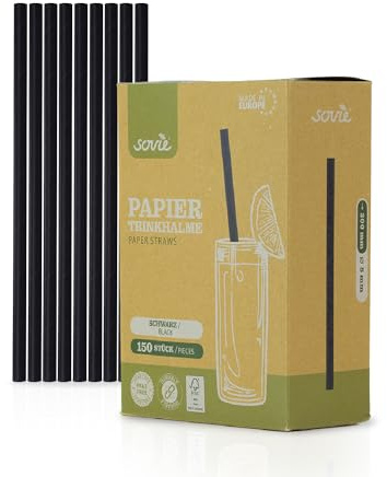 Mank Trinkhalme aus Papier, Papiertrinkhalme, Papier, Papierhalme Umweltfreundlich, Robust & Vielseitig einsetzbar, Strohhalme (150, Schwarz, Ø 8 mm / 20 cm)