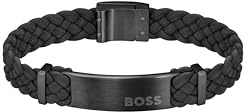 HUGO BOSS herr Ionic svart pläterat läderarmband – 1580608M, Standard, Jonisk pläterad svart stål och svart läder