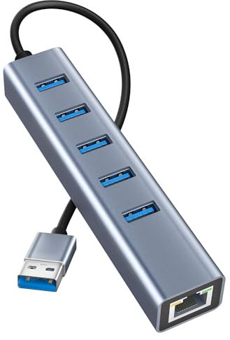 Adattatore USB a Ethernet 6 in 1 in alluminio USB Ethernet con adattatore di rete RJ45 1000 Mbps + 5 Porte USB 3.0 per MacBook Pro, Surface Pro, XPS