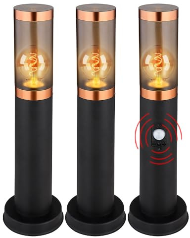 Sockelleuchte Standleuchte Außenbeleuchtung rauch Kupfer Außen Bewegungsmelder Garten Stehlampe, Edelstahl Kunststoff, 1x E27, DxH 7,6x45 cm, 3er Set