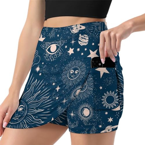 Étoiles Soleil Lune Femme Jupe De Tennis Jupe Short De Golf Sport Mini Jupe De Course Athlétiques avec Poche Skort