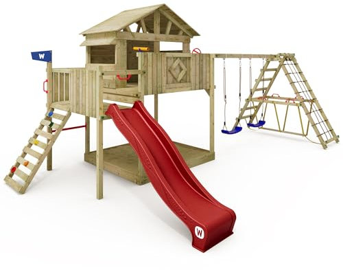 WICKEY Spielturm Klettergerüst Smart Fjord mit Schaukel & Roter Rutsche, Outdoor Kinder Kletterturm mit Sandkasten, Leiter & Spiel-Zubehör für den Garten