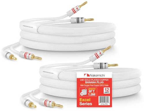 Nakamichi 24K vergoldeter Bananenstecker mit Lautsprecherkabel, 99,9% sauerstofffreies Kupfer (OFC), robustes geflochtenes Kabel, CL2-zertifiziert - Weiß (12AWG / 6 Fuß / 1,8 Meter) 2er-Pack