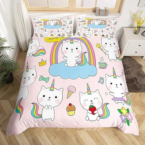 ZZTBQ Tiere Druck Cartoon Tiere Muster Kinderbettwäsche 100x135 Baby Bettwäsche Regenbogen Einhorn & Katze Bettbezug und Kissenbezug-Set Baby Bettwäsche Set für Kleinkinder und Babybetten