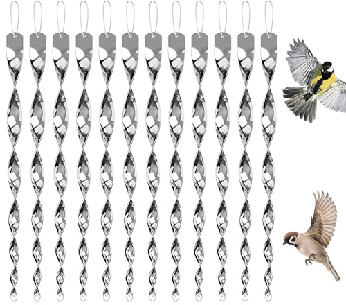 Catelves Lot de 12 spirales anti-oiseaux et anti-pigeons pour balcon Argenté | Carillon anti-oiseaux et pigeons pour balcon, jardin et terrasse avec boucles de suspension et surface réfléchissante.
