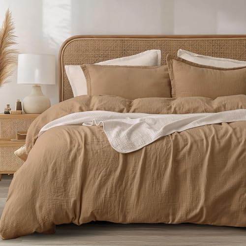 Lanqinglv Musselin Bettwäsche 135x200 4Teilig Baumwolle Braun,Leinenoptik | ÖKO-TEX Zertifiziert,für Allergiker,4 Jahreszeiten Set,Atmungsaktiv Bettbezug 2 Kissenbezüge 80x80 mit Reißverschluss