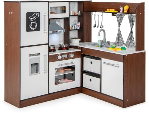COSTWAY Kids Corner Play Kitchen, Wooden Pretend Toy Kitchens with Lights & Sounds, Running Water Circulation, Accessory Utensils, Children's Chef Role Play Set for Boys Girls (Brown + White)