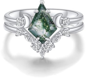 Natürlicher Moosachat-Ring, Verlobungsring-Set, 925er Sterlingsilber, Mondring, Verlobungsring für Frauen, Schmuck, Geschenk für Frauen