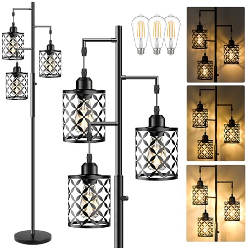 GHOOCEMLUX Dimmable Floor Lamp, Farmhouse Standing Lamp with Elegant Metal Cage, Industrial Tall Tree Floor Lamps for Living Room, Bedroom, Study Room, Office, 2000LM LED Bulbs Included - 68, Black