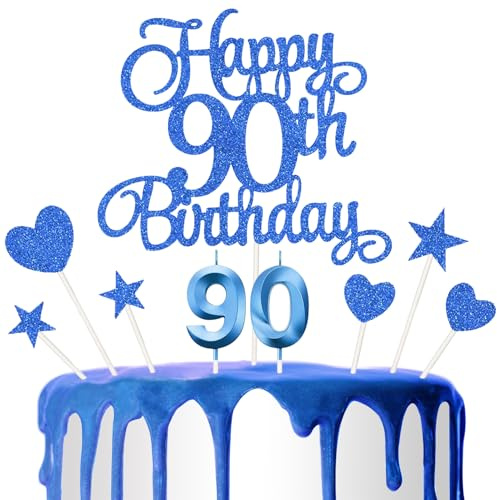 90th Birthday Cake Decoration, 90th Number Candle Happy Birthday Glitter Cake Decoration Card Anniversary Holiday Cake Decoration Insert Card