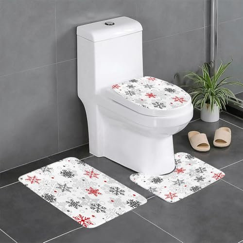 KGDHY Badezimmermatten-Sets 3-Teilig,Große und kleine Schneeflocken Weihnachten,Bad und WC-Vorleger-Set,rutschfeste Badezimmerteppiche wasserabsorbierende