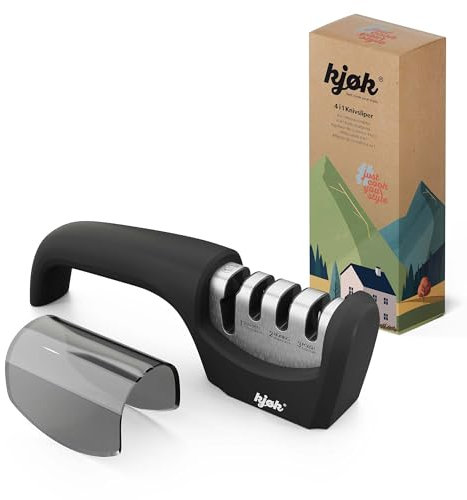 kjøk Premium Afilador de Cuchillos y tijeras manual – Carcasa de ABS en negro mate con barras de diamante, cerámica y carburo de tungsteno para cuchillos, herramientas, tijeras y cuchillos de pan