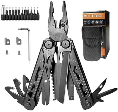 Multitool, 28 in 1 Faltbares Multifunktionswerkzeug mit Aufbewahrungstasche Schwarz Multifunktionszange mit 11 Batchkopf Messer und Werkzeuge für Camping Reparatur und Outdoor-Abenteuer