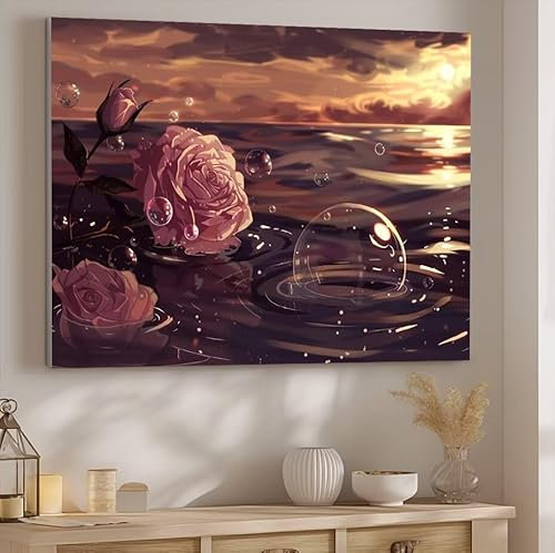 Malen nach Zahlen Erwachsene Rose, Malen nach Zahlen Ozean DIY Handgemalt Ölgemälde Kit Hobby Erwachsene Kreativ Mit Pinseln und Acrylfarbe Knitterfreie Leinwand Kit, Home Wand Deko 30x40cm J-490