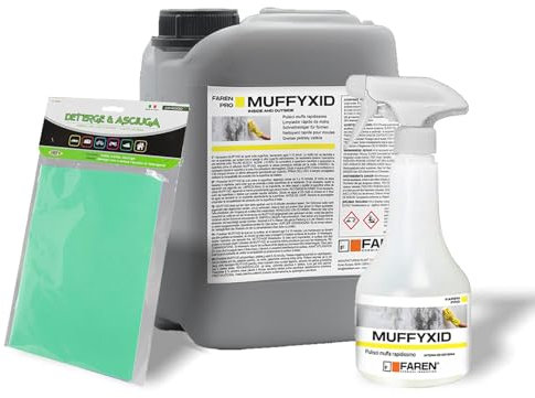 KIT MUFFYXID, Rimuovi Muffa, Antimuffa, Azione Rapida, Igienizzante, Elimina rapidamente Muffe, Funghi, Muschi e Alghe, ritarda la ricomparsa, 1 X 500 ml SPRAY + 5 Lt + 1 Panno 40x30 Doppia Azione