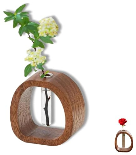 Intelligenck, Vaso per fiori idroponico in legno massello, con cornice in legno, con provetta trasparente, supporto per propagazione delle piante da tavolo, decorazione per casa e ufficio (grande)