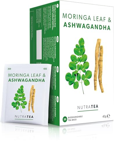 Nutra Tea Moringa Leaf & Ashwagandha - Moringa Tea Bags | Ashwagandha Tea Bags - Rich In Essential Nutrients & Cortisol Balance - 20 Individually Wrapped Bags - Herbal Infusion (1 Pack)