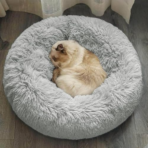 DONWEI Calming Dog Cat Donut Bed, Washable Dog Cat Bed, Small Medium Cat Beds for Indoor Cats, Fluffy Anti Anxiety Puppy Kitten Beds with Non-lip Bottom, Light Grey, 50x50cm