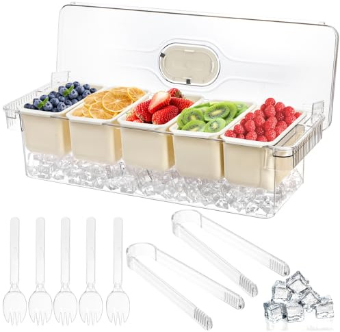 Jucoan Large Ice Chilled Condiment Server with Lid, 5 Compartment Chilled Condiment Caddy, Taco Bar Serving Tray, Garnish Holder Tray for Bartenders Mimosa Salad Soda Bar Supplies, 2 Tongs, 5 Forks