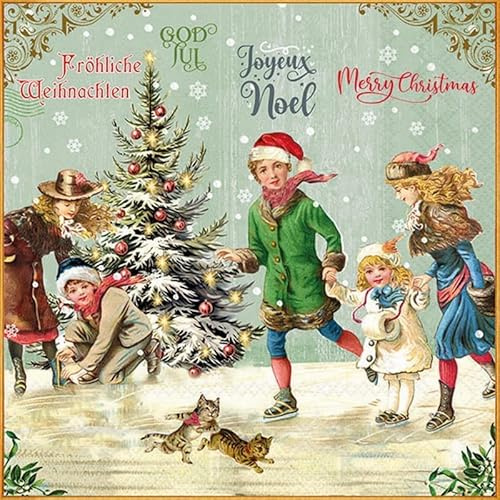 20 Servietten Weihnachten Nostalgische Weihnachtsfamilie grün als Tischdeko. Papierservietten mit Motiv. Auch für Decoupage und Serviettentechnik 33x33cm