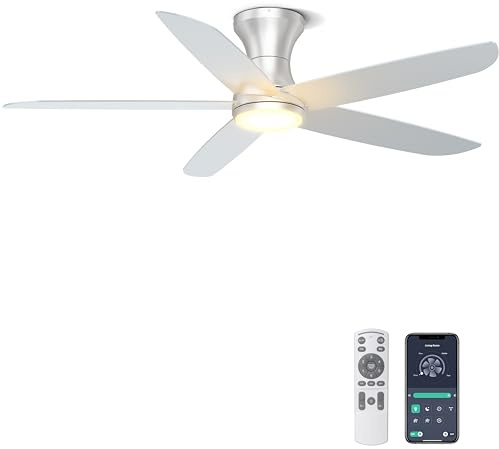 Ohniyou 46'' Ceiling Fans with Lights, Low Profile Ceiling Fan with Remote/APP Control - Dimmable, Quiet DC Motor, Modern Ceiling Fan for Bedroom Living Room, Silver