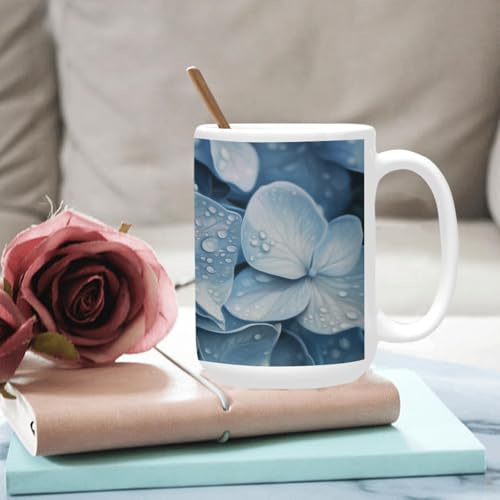 qenuh Blue Hydrangea Flowers with Dew Drops Ceramic Mugs Coffee Cup Smooth Glaze Finish 15 oz Classic Tea Cup for Hot Drinks, Office/Home Use