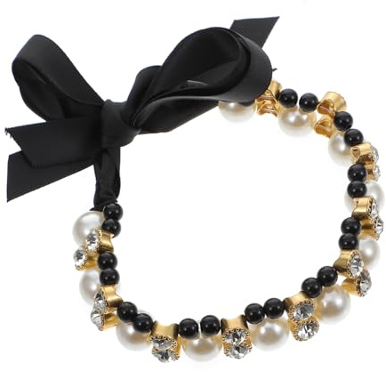 LOLIPPYY Pet Photography Collar Dog Necklace with Black Satin Ribbon Pearls Bow Tie Medium Size for Puppies and Cats