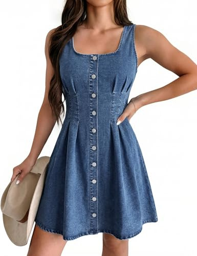 POTILI Denim Dress for Women Sleeveless Square Neck Snap Button Jean Dress Casual Babydoll Mini Denim Romper