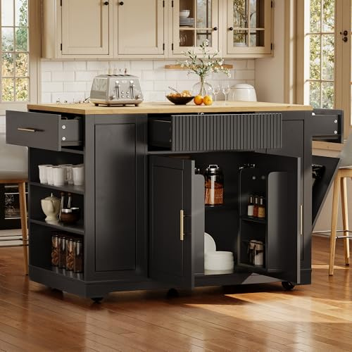 Ligterra Isla de cocina móvil, carrito de cocina, armario de bufé, armario de cocina, carrito de servicio con ruedas y compartimento para contenedores de residuos, estantes ajustables, 2 puertas + 3