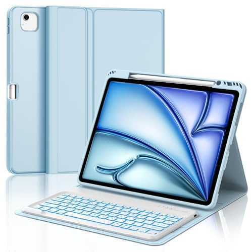 IVEOPPE Teclado para iPad Air 13 Pulgadas M4 2026/M3 2025/M2 2024, Funda Cover Teclado Español Ñ Bluetooth Retroiluminados Desmontable para iPad Air 13 M4 2026/M3 2025/M2 2024, Azul Cielo