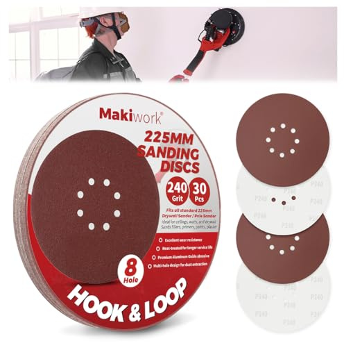Makiwork 30 dischi abrasivi in , 225 mm, 8 fori, 240, grana grossa, per levigatrice per cartongesso, rimozione del colore, lavorazione del legno e dei metalli